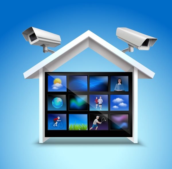 Video security concept with house and surveillance cameras 3d realistic vector illustration