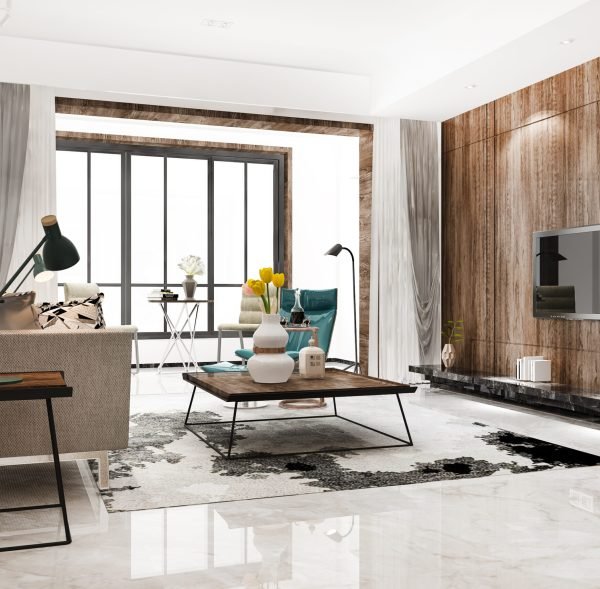 3d rendering loft scandinavian living room with working table and bookshelf